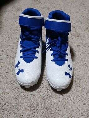 Under Armour White and Royal Blue High-Top Football Cleats
